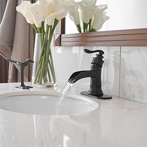 BWE Black Bathroom Faucet Matte Waterfall Sink Farmhouse Bath Vanity Single Hole Faucets One Handle Basin Antique centerset Restroom Mixer Tap Supply Line Lead-Free