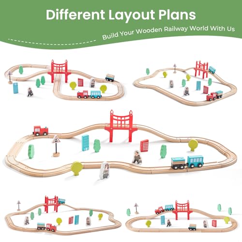 Tiny Land Wooden Train Set for Toddler - 39 Pcs- with Wooden Tracks Compatible with Major Brands - Expandable, Changeable-Train Toy for 3 4 5 Years Old Girls & Boys