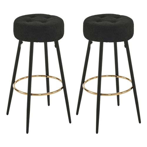 Furnimart 30 inches Modern Round Bar Stools Set of 2, Upholstered Dining Chair Stool with Gold Footrest for Kitchen Island Coffee Pub Shop Bar Height (Velvet-Black)