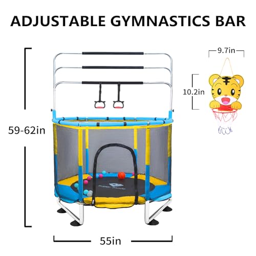Trampoline for Kids, 5FT Adjustable Toddler Trampoline, Indoor/Outdoor Baby Trampoline with Enclosure Net, No-Gap Safe Design, Gifts for Boys & Girls (Pink) (Yellow Blue)