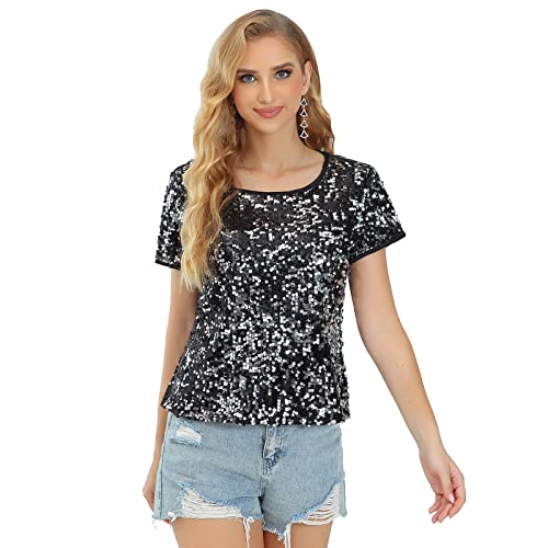Womens Full Sequin Sparkle Tops Shimmer Glitter Round Neck Short Sleeve Shirt Summer Disco Party Tee Shirts Tunic Blouse Orange Medium