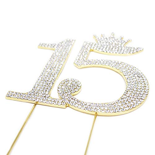 Number 15 Quinceanera Rhinestone Princess Crown Monogram Cake Topper - Sweet 15th Birthday Party (Gold)