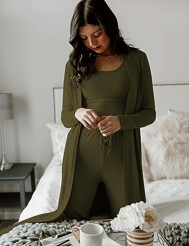 SWOMOG Women Knit Matching Sets 3Pcs Pajamas Crop Tops Casual Cardigan and Long Pants Lounge Set Pjs Ribbed Travel Outfits Army Green