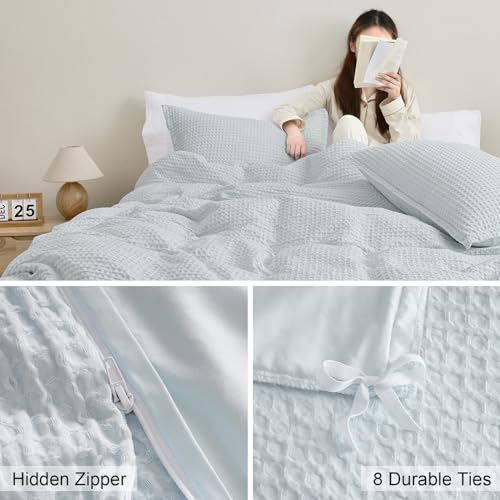 PHF Waffle Weave Duvet Cover Set Queen Size, 3 Piece Ultra Soft Breathable Durable Comforter Cover for All Season, Waffle Textured Duvet Cover with 2 Pillow Shams Bedding Collection,90"x90",Black