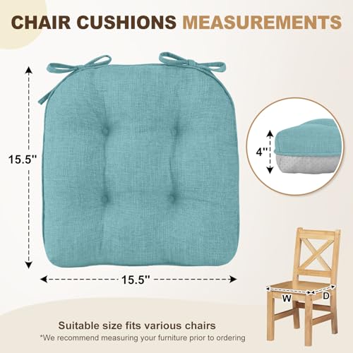 downluxe Indoor Chair Cushions for Dining Chairs, Tufted Overstuffed Textured Memory Foam Kitchen Chair Pads with Ties and Non-Slip Backing, 15.5" x 15.5" x 4", Red, 4 Pack