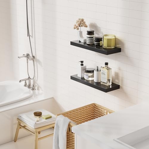 Bellsal Floating Shelves for Wall, Black Engineered Wood Wall Shelf Set of 2, 24" Wall Mounted Floating Shelf for Kitchen, Living Room, Bedroom, Bathroom Storage, Book Shelf for Wall Home Decor
