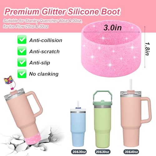 AIERSA Cup Accessories Set for Stanley 40oz Cups, 2Pcs Pink Straw Cover Caps for 10 mm Straws, 4Pcs Silicone Spill Stopper, 1pcs Letter Charms and 1Pcs Glitter Silicone Boot for Stanley 40oz Tumbler