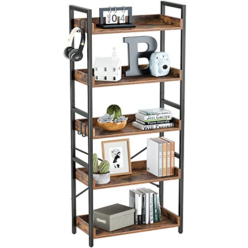 Rolanstar Bookshelf 5 Tier with 4 Hooks, Industrial Wood Bookcase, Vintage Storage Rack with Open Shelves, Rustic Standing Bookshelves Display Rack for Living Room, Bedroom, Rustic Brown