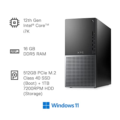 Dell XPS 8950 Desktop Computer - 12th Gen Intel Core i7-12700K, 16GB DDR5 RAM, 512GB SSD + 1TB HDD, NVIDIA GeForce RTX 3060 12GB, Wi-Fi 6, VR Ready, Air Cooled, Bluetooth, Windows 11 Home - Black