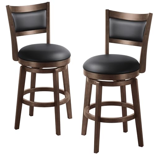 Larksperal 24" Counter Height Barstools Set of 2 - High Back Swivel Bar Stools with Black Faux Leather Upholstered Seat & Solid Wood Footrest, Counter Bar Stool for Kitchen Island & Pub