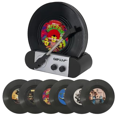 Funny Retro Vinyl Record Coasters, Creative Drink Coasters Set of 6 with Vinyl Record Player Holder for Music Lovers, Housewarming Hostess Gifts, Birthday and White Elephant Gifts Ideas