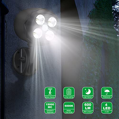 Quiltered Motion Sensor Outdoor Lights, Battery Operated 600LM Motion Detector Security Lights, Black (1 Pack)