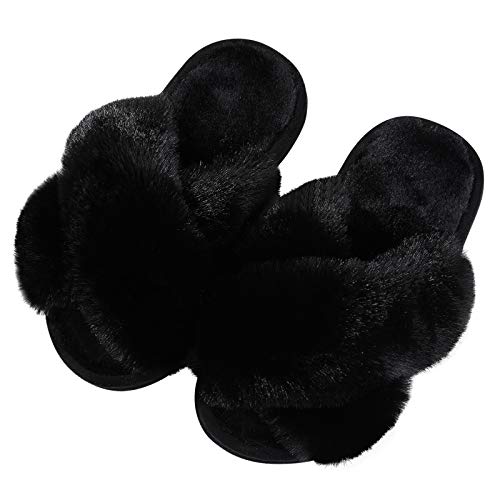 Girl's Soft Plush Lightweight House Slippers Non Slip Cross Band Slip on Open Toe Cozy Indoor Outdoor Slippers BK30 Black