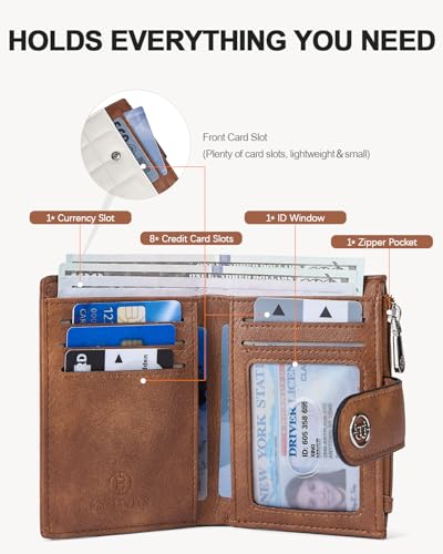 BOSTANTEN Small Wallet for Women Leather RFID Blocking Card Holder Bifold Compact Wallets With Zipper Coin Pocket Beige&Brown