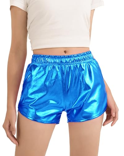 KEREDA Girls Metallic Shorts Sparkly Dance Outfits Shiny Costume for Girls 6-7Y Blue
