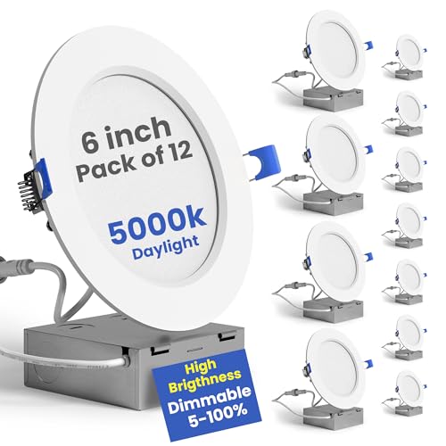 Sunlake 12 Pack Recessed Lighting 4 inch with Junction Box, 2700K/3000K/3500K/4000K/5000K Selectable, Ultra-Thin, 9W - 75W Eqv, Dimmable, 750LM High Brightness - ETL and Energy Star Certified