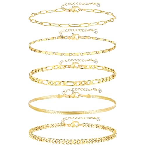 iF YOU Gold Ankle Bracelets for Women, 14k Gold Plated Waterproof Cuban Link Chain Anklets Set, Layered Anklet Bracelets for Women Beach Gift Adjustable Size 5pc (Style1-gold)