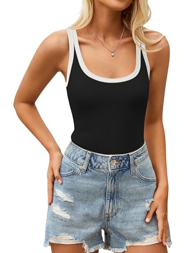 ZESICA Women's 2024 Summer Ribbed Color Block Tank Tops Casual Knit Scoop Neck Sleeveless Shirts Blue S