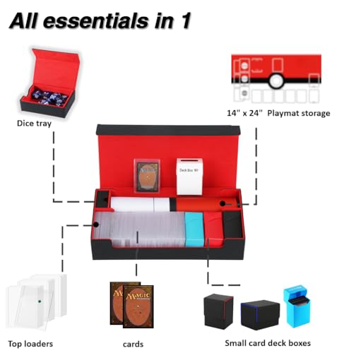 MTG Deck Box With Dice tray and playmat case and 3 card stoppers,Large Card Deck Box Fits 820+ Double Sleeved Cards or 200 toploaders,TCG Card Storage Box 5 in 1(Black&Red)