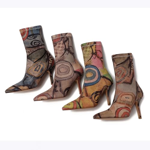 vivianly Women's Sexy Pointy Toe Stiletto Heels Ankle Boots Printed Stretchy Sock Booties Size 12