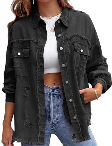Omoone Women's Ripped Distressed Denim Jacket Casual Long Sleeve Boyfriend Jean Coat Basic Trucker Jackets (3536-Red-S)