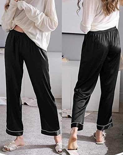 SWOMOG Women's Silk Satin Pajama Bottoms Wide Leg Pants Loose Lounge Lightweight Palazzo Pants Pj Casual Trousers with Pockets