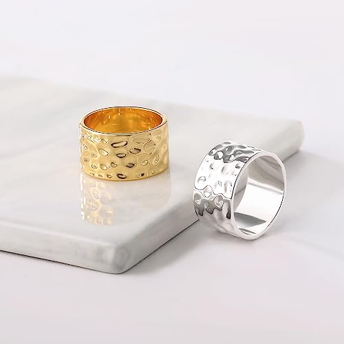 RLMOON 18K Gold or Silver Plated Wide Band Rings 12MM Thumb Ring for Women Men Thick Simple Plain Band Ring High Polished Comfort Fit Size 6-11 (Gold Hammered Ring, 7)