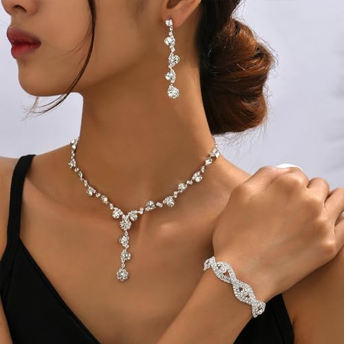 Dcfywl731 Silver Bridal Wedding Jewelry Set Rhinestone Necklace Earrings Bracelet Sets Prom Jewelry Sets Formal Costume Jewelry Accessories for Women and Brides