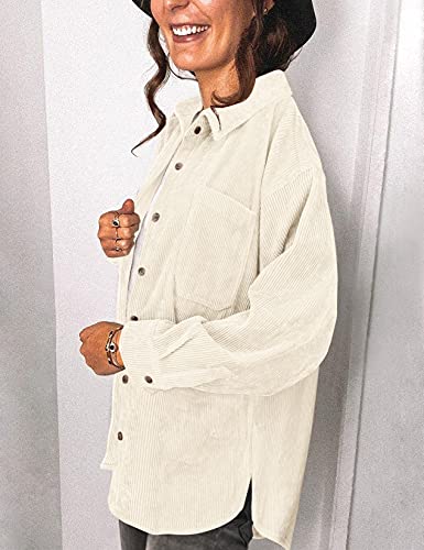 Saslax Womens Corduroy Shirt Long Sleeve Oversized Button Up V Neck Blouses Tops Loose Shacket Jacket with Pockets Army Green S