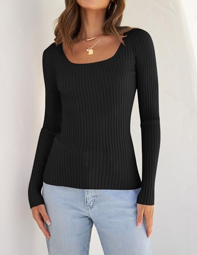 ZESICA Women's 2024 Long Sleeve Square Neck T Shirts Slim Fitted Elegant Fall Ribbed Knit Casual Tee Tops,Sky,X-Large