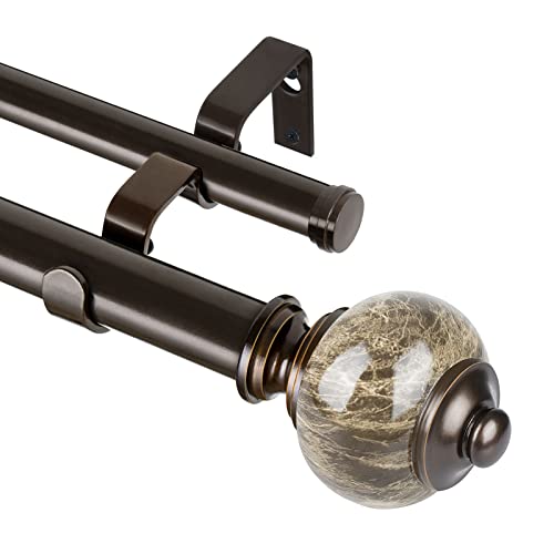 KAMANINA 1 Inch Double Curtain Rod 36 to 72 Inches (3-6ft) Bronze Telescoping Curtain Rods for Windows, Heavy Duty Dual Drapery Rods with Marbled Finials