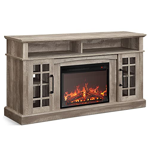 BELLEZE Traditional 58" Rustic TV Stand with 23" Electric Fireplace Heater with Sound, Media Entertainment Center Console Table for TV up to 65" with Open Storage Shelves and Cabinets - Ashland Pine