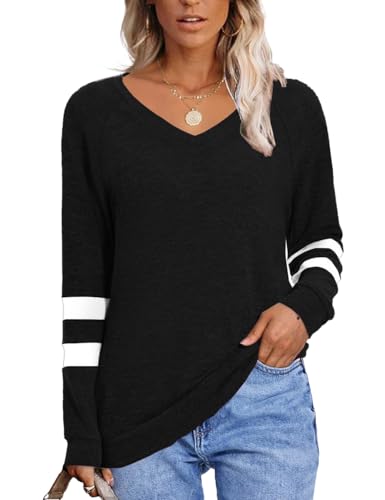 MixShe Womens Tops Fall Fashion 2025 Sweatshirt for Women Sweaters V Neck Long Sleeve Shirts Trendy Clothes Ladeis Blouses Dressy Casual Tunics to Wear with Leggings Black Small