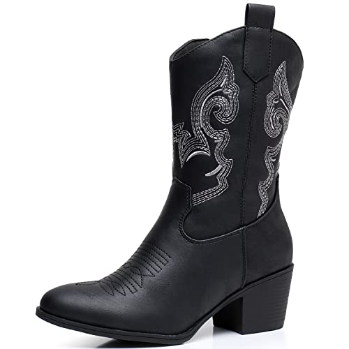 GLOBALWIN Women's White Mid Calf Cowgirl Boots Fashion Western Cowboy Boots for Women Chunky Low Heel With Side Zipper Size 6.5M