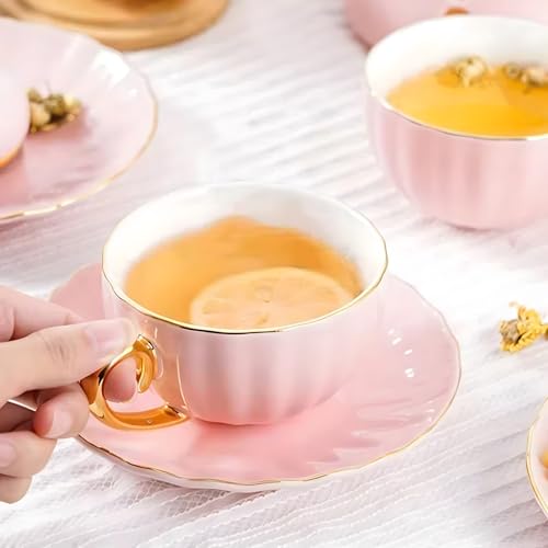 ICHAG Tea Cups and Saucers Set, Tea Cup Set, Cappuccino Cup, 7oz Vintage Porcelain Teacup and Saucer Set with Golden Spoon, Latte Cups, Coffee Cup Set for Women's Tea Party, Home Office Gifts (1pc)