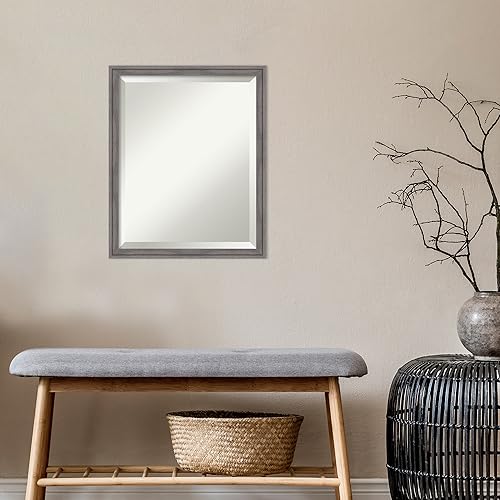 Amanti Art Grey Bathroom Mirror for Over Sink, 26x22 Rustic Plank Grey Rectangle Vanity Mirror, Small Country Rustic Frame, Hangs Horizonally and Vertically, Bathroom Wall Decor, Beveled Edge
