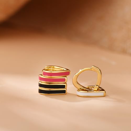 JINEAR 3 Pairs Heart Enamel Earrings for Women, 14K Gold Small Hoop Earrings Heart Enamel Earrings Dainty Heart Huggie Earring Gifts