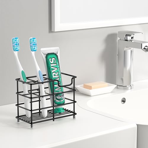 HBlife 2 Pcs Small Toothbrush Holder for Bathroom, 5 Slots Black Stainless Steel Bathroom Accessories Organizer for Small Spaces