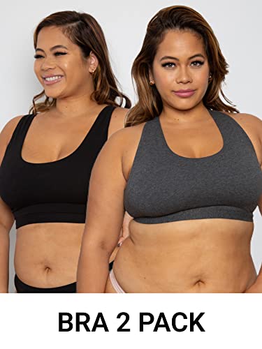 Curvy Couture Women's Plus Size Cotton Comfort 2-Pack Bralette, Charcoal Heather/Black HUE, M