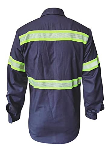 L&M Men's Hi Vis Short Long Sleeve Industrial Work Shirt Reflective HIGH Visibility (Navy_Long Sleeve, Small)