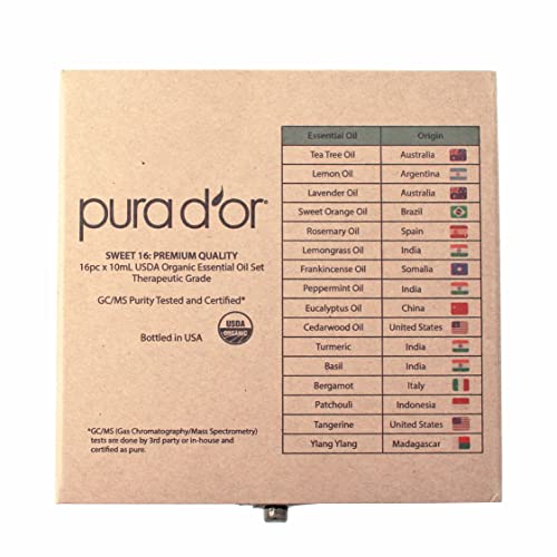 PURA D'OR Organic Perfect10 Essential Oils Set - 10x 10mL Wood Box Aromatherapy Gift Set - 100% Pure Therapeutic Grade for Relaxation and Wellness (Lavender, Peppermint, Eucalyptus, Tea Tree & More)