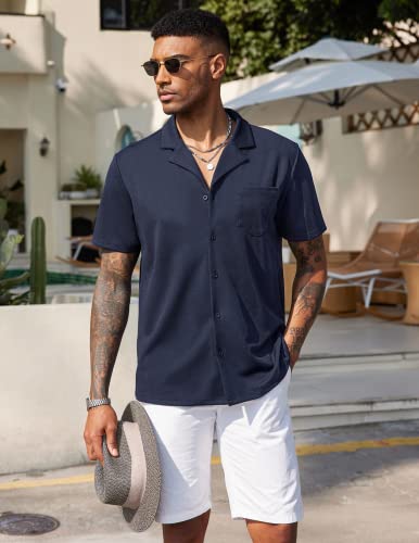 COOFANDY Mens Untucked Short Sleeve Button Up Shirt Wrinkle-Free Business Casual Dress Shirts Stretch Slim Fit Tops Blue