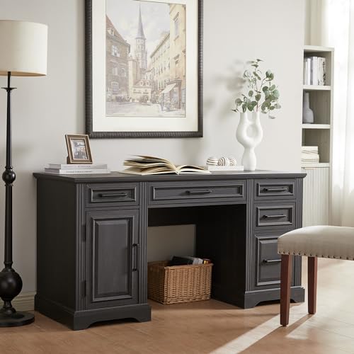 JXQTLINGMU 58 Inch Large Computer Desk with Drawers, Embossed Texture Home Office Desk, Workspace for Work Study Writing, Black