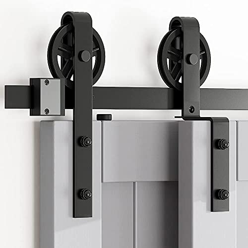 skysen 12FT Heavy Duty Sliding Barn Door Hardware Single Track Bypass Double Door Kit Black(Bypass Big Spoke Wheel-1)