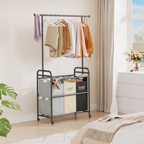Tajsoon Laundry Sorter Cart with Hanging Clothes Rack, 3 Butler Sorter Basket Organizer, Laundry Hamper Cart with Heavy Duty Rolling Lockable Wheels, 3 Colors