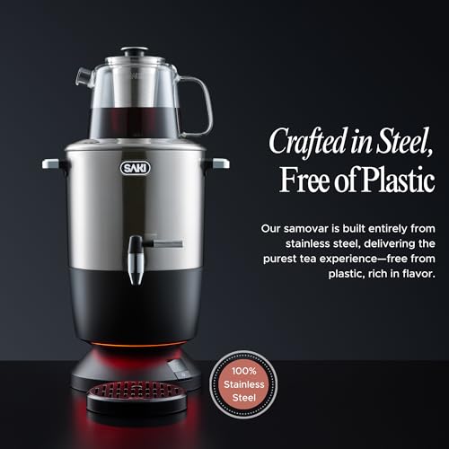 SAKI Chaiovar Electric Samovar - 4L Stainless Steel Electric Tea Maker, Temperature Display, Large Ceramic Teapot, Boil Dry & Auto Shut Off, Best for Persian, Russian, and Turkish Tea (Silver)