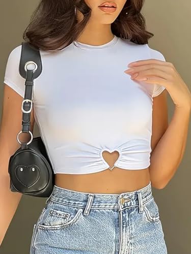 Swahen Women's Cute Short Sleeve Crop Tops Basic Slim Fitted Going Out Y2K Tops Summer Tee (US, Alpha, Small, Regular, Regular, White)