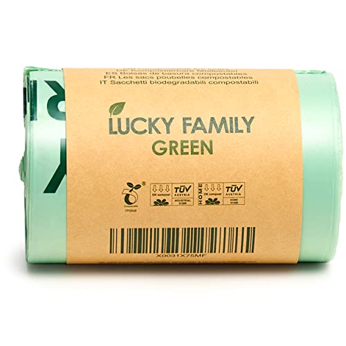 Lucky Family Green Compost Bags for Kitchen Countertop Bin -1.3 gallon trash bags to 1.6 Gallon trash bags - 100% Compostable Trash Bags for Food Waste, Organic Biodegradable Trash Bags - 50 Bags Roll