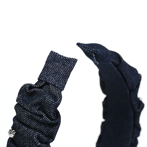 NARUNING Wide brim denim blue headband, women's fashion pleated style headband with rhinestone embellishment, suitable for all girls and women (Dark blue)
