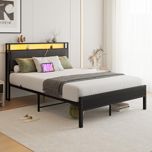 VECOCHO Twin Bed Frame with Charging Station and LED Lights,Upholstered Headboard with Storage Shelves,Heavy Duty Metal Slats, No Box Spring Needed,Noise Free, Easy Assembly,Black and Dark Grey